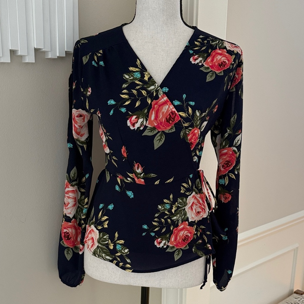 Monteau Floral Wrap Blouse Navy Pink Roses Long Sleeve Size S